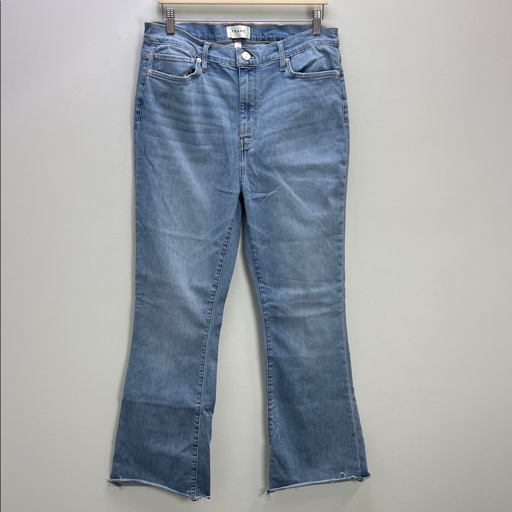 Frame Le Easy Flare Raw Hem Jeans High Waist Wilson Wash Stretchy Womens 32